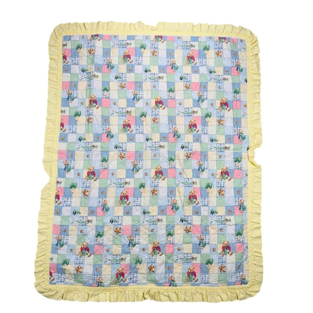 Vtg Blue Jean Teddy Bear Collection Baby Quilt Bedroom Collectible